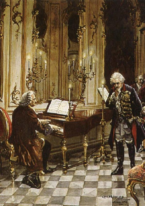 a romanticized artist s impression of bach s visit to frederick the great at the palace of sans souci in potsdam, franz schubert